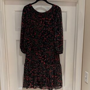 Calvin Klein Black and Red Floral Long Sleeve Dress